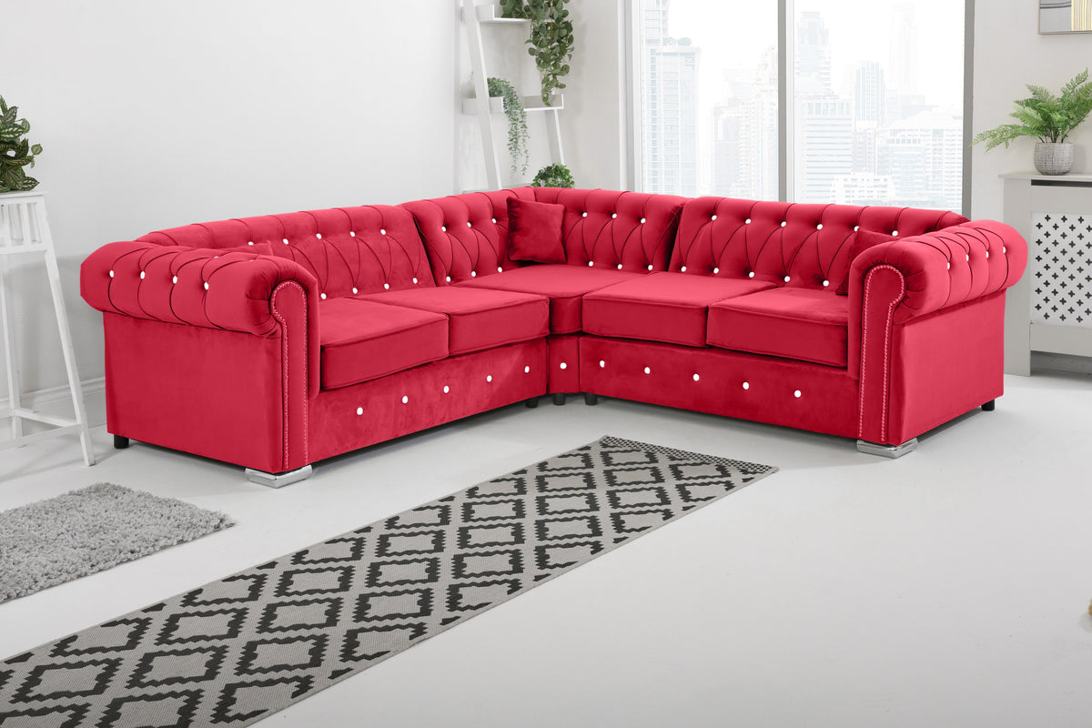 Olympia Chesterfield Diamond Corner Sofa with Extra Cushions in red - Brooklands Home Decor