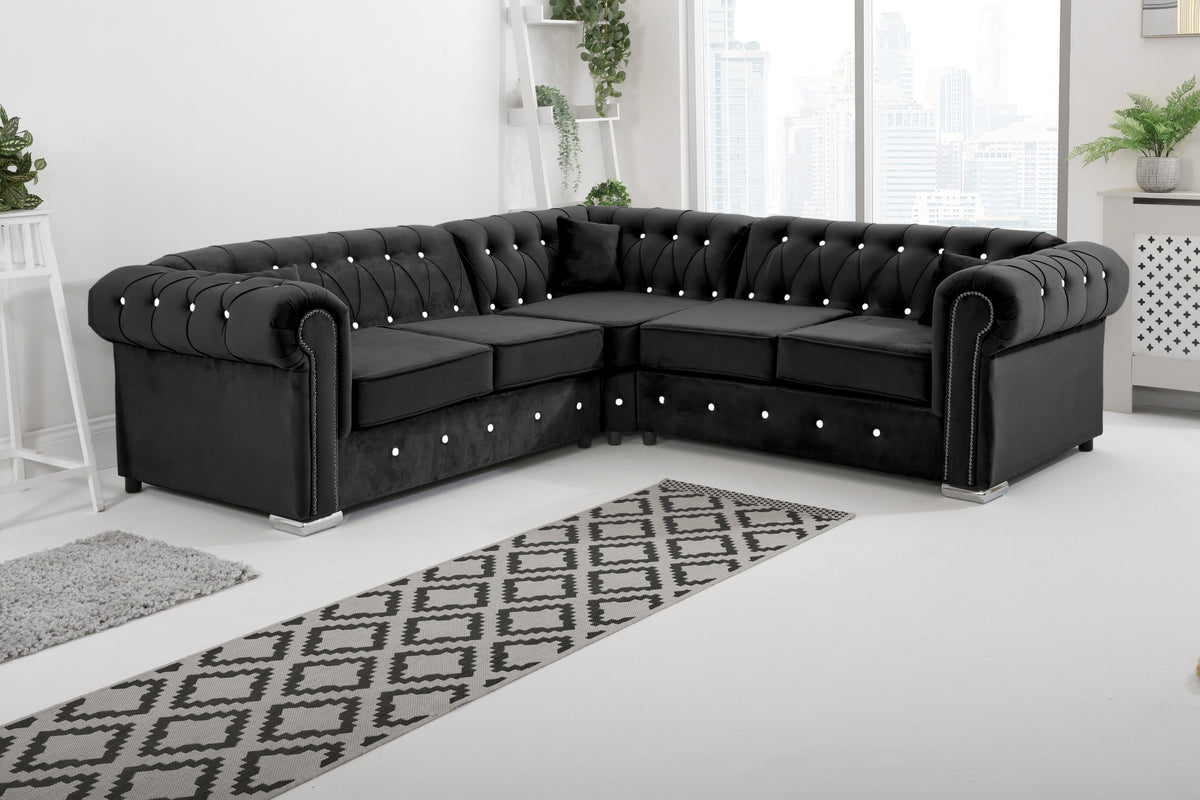 Olympia Chesterfield Diamond Corner Sofa with Extra Cushions in ebony - Brooklands Home Decor