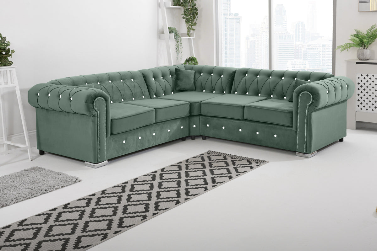 Olympia Chesterfield Diamond Corner Sofa with Extra Cushions in green - Brooklands Home Decor