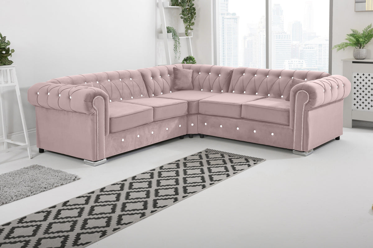 Olympia Chesterfield Diamond Corner Sofa with Extra Cushions in pink - Brooklands Home Decor