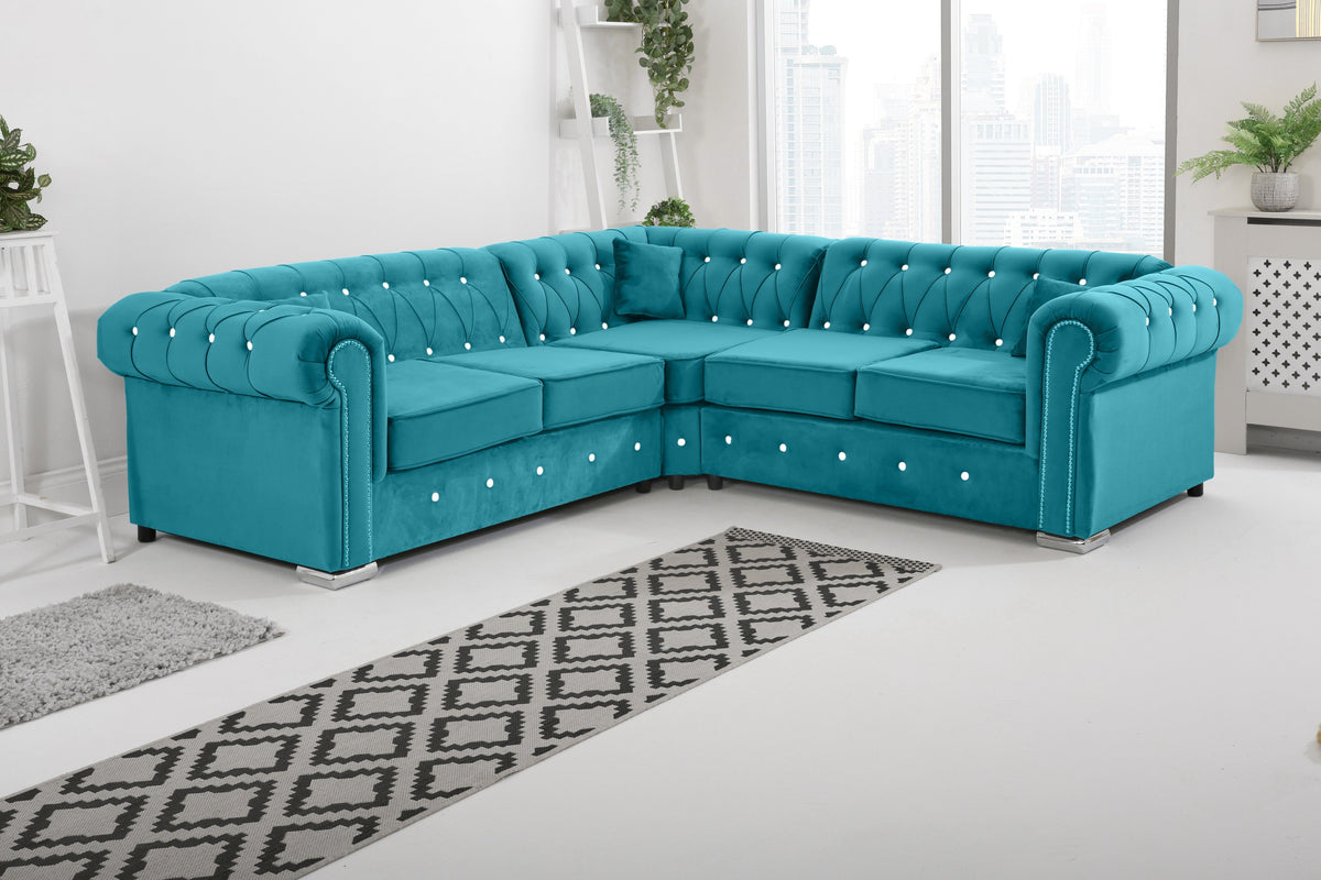 Olympia Chesterfield Diamond Corner Sofa with Extra Cushions in turquoise - Brooklands Home Decor