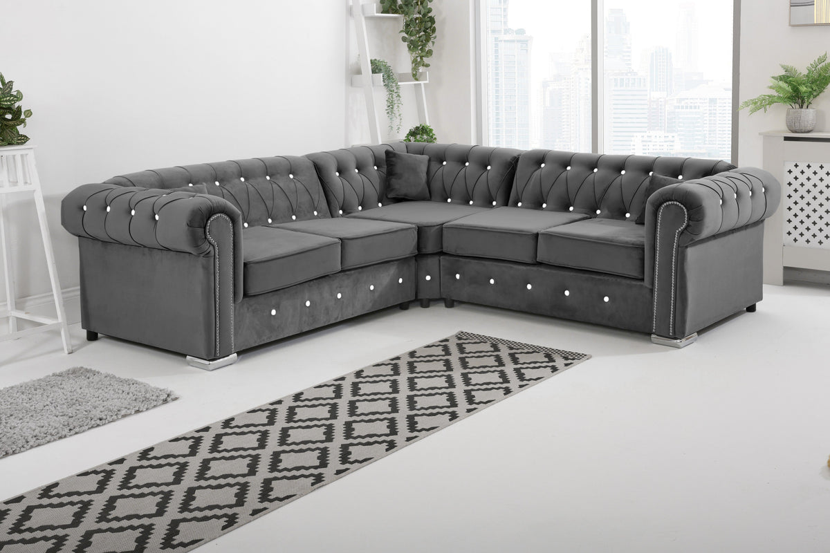 Olympia Chesterfield Diamond Corner Sofa with Extra Cushions in grey - Brooklands Home Decor