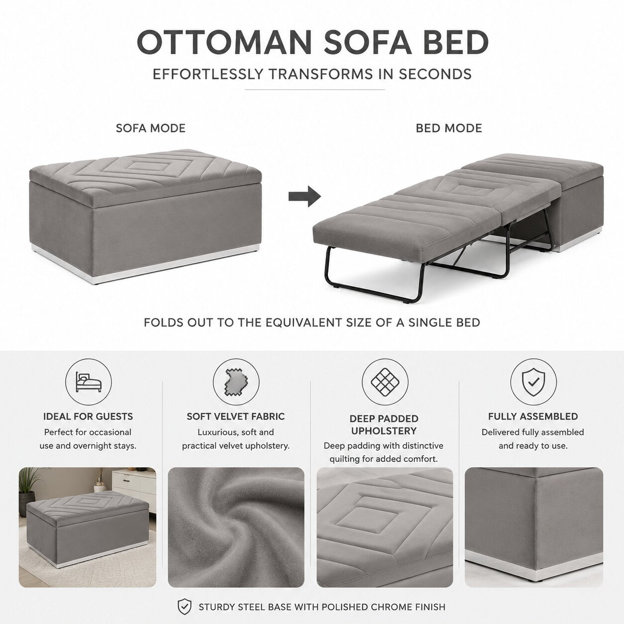 An infographic showing an ottoman sofa bed in two states: 'Sofa Mode' with its gray upholstered top and chrome base, and 'Bed Mode' with the bottom section extended to support a mattress. The infographic includes feature callouts such as 'Ideal for guests', 'Soft velvet fabric', 'Deep padded upholstery', and 'Fully assembled' with small photos illustrating these details.