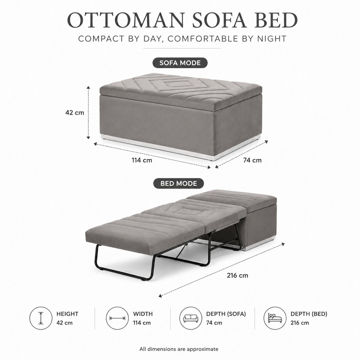 An upholstered ottoman sofa bed shown on a white background with dimension labels for both sofa mode and bed mode, plus height, width, and depth measurements.