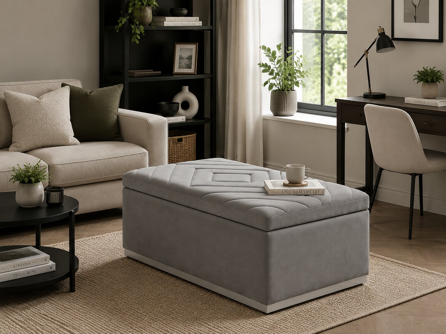 A light gray upholstered storage ottoman with a quilted top and white base trim, shown in a styled living room setting with a sofa, rug, window, and desk.