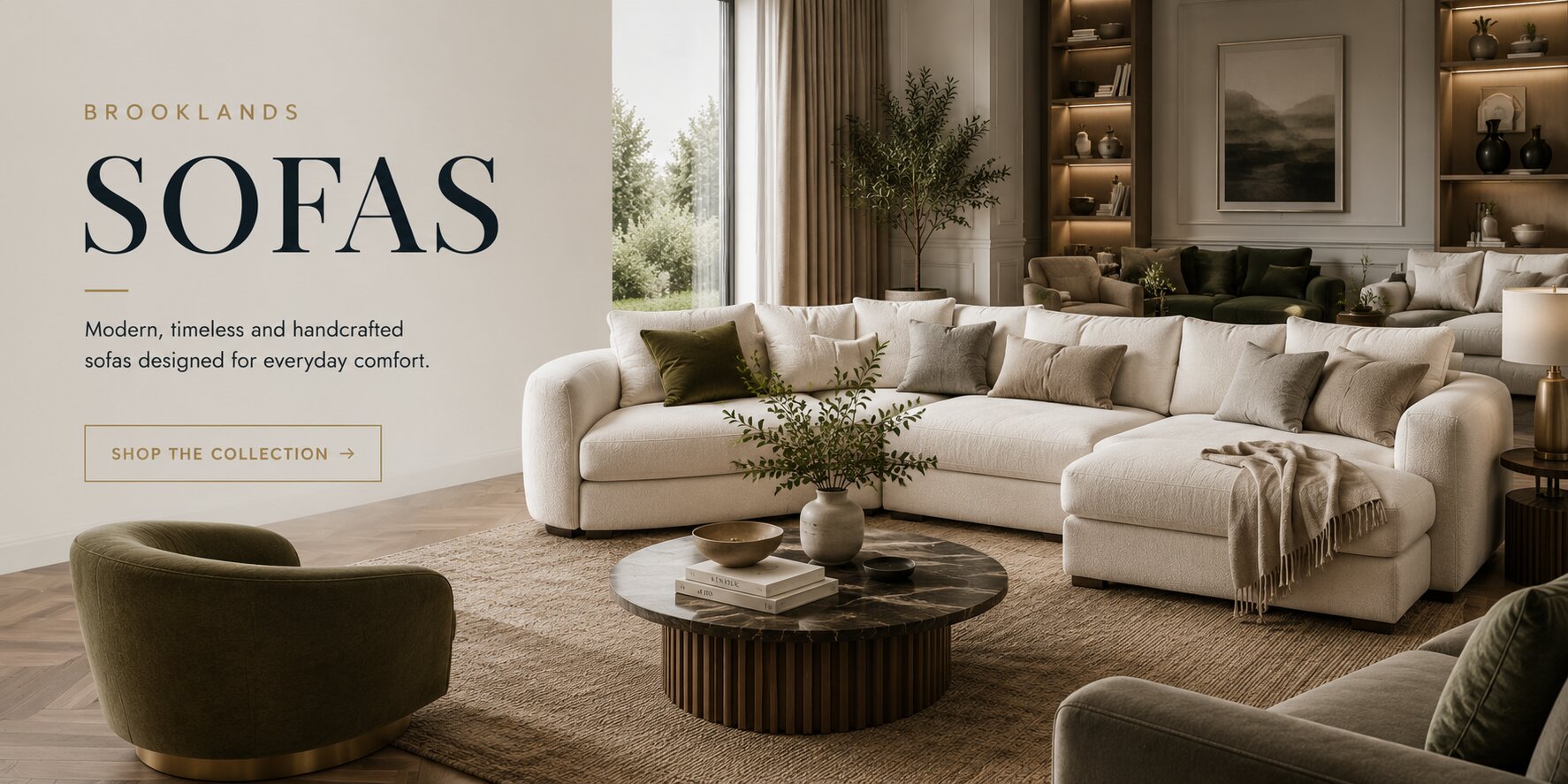 Brooklands Sofas collection banner showcasing premium handcrafted sofas in a luxury modern British living room.