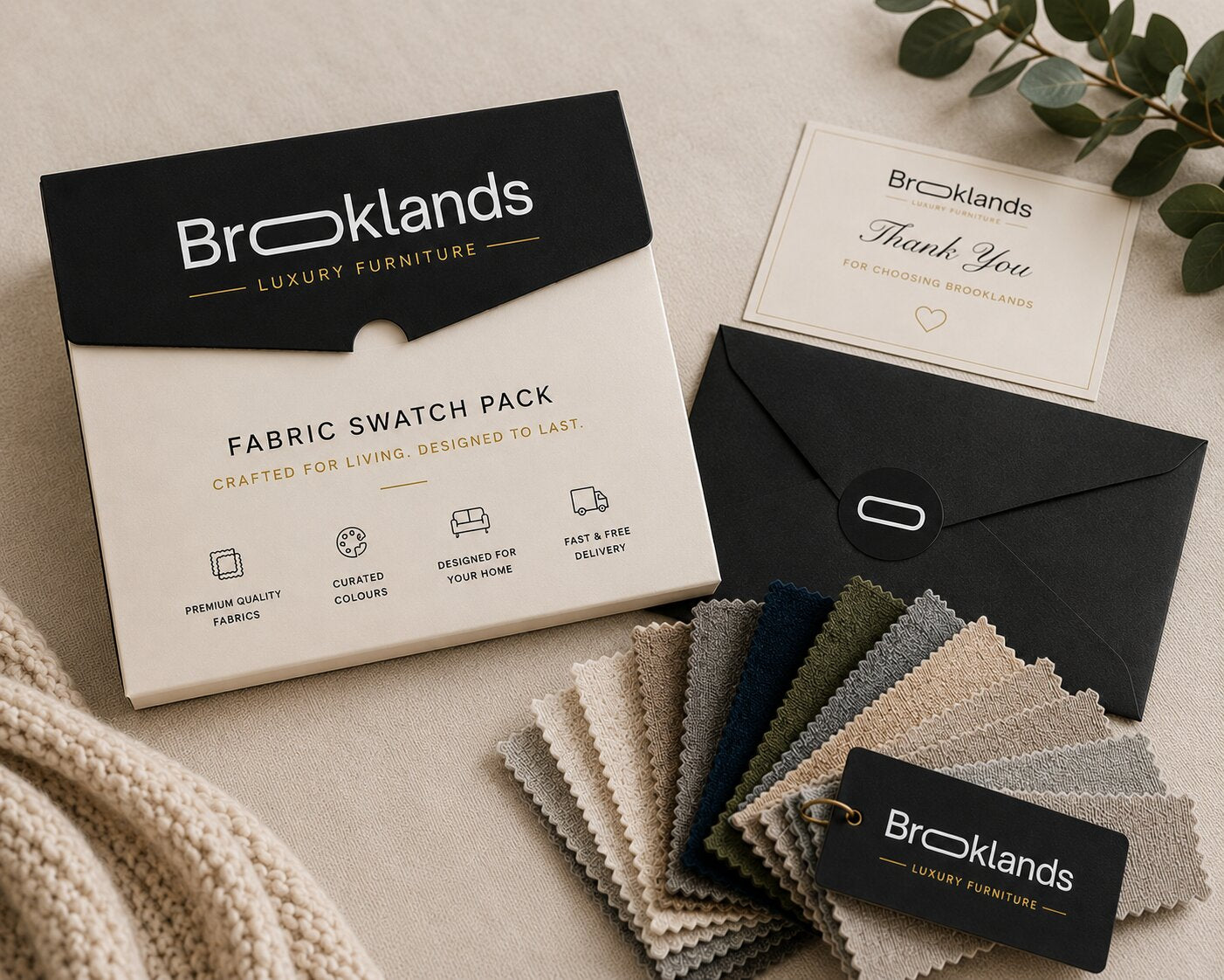 Broklands Fabric Swatch Pack displayed on a neutral surface, featuring a black and cream retail box, a thank-you card, a black envelope, and multiple fabric swatch samples in neutral and dark tones.