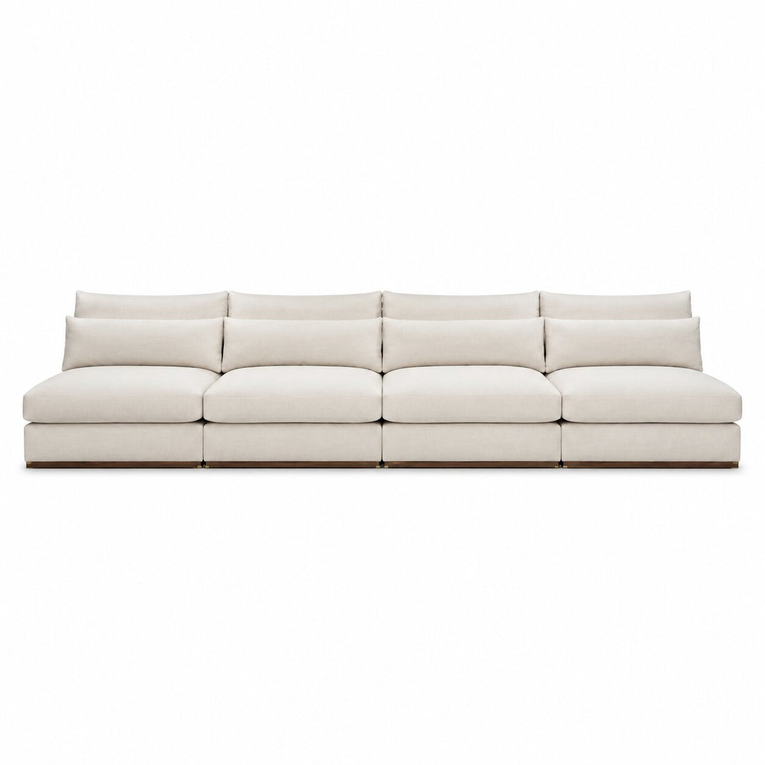 A modern modular sectional sofa upholstered in a light cream or off-white fabric, shown from a straight-on front angle against a solid white background.