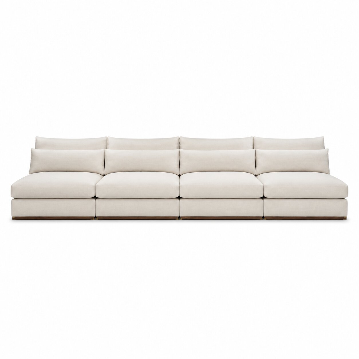 A modern modular sectional sofa upholstered in a light cream or off-white fabric, shown from a straight-on front angle against a solid white background.