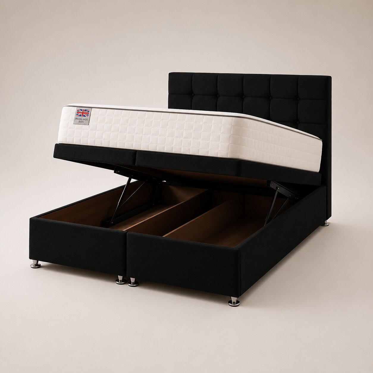 Cubbed Ottoman Storage Bed in Black with gas-lift storage open