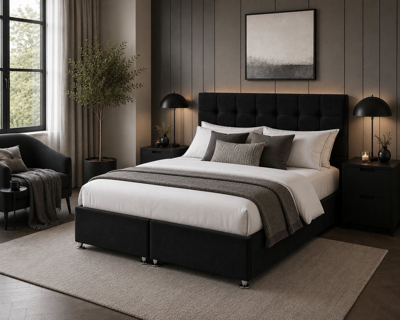 A modern black upholstered bed with a tufted headboard and storage base, styled in a contemporary bedroom with white bedding, gray throw pillows, matching nightstands, black lamps, and a dark paneled wall.
