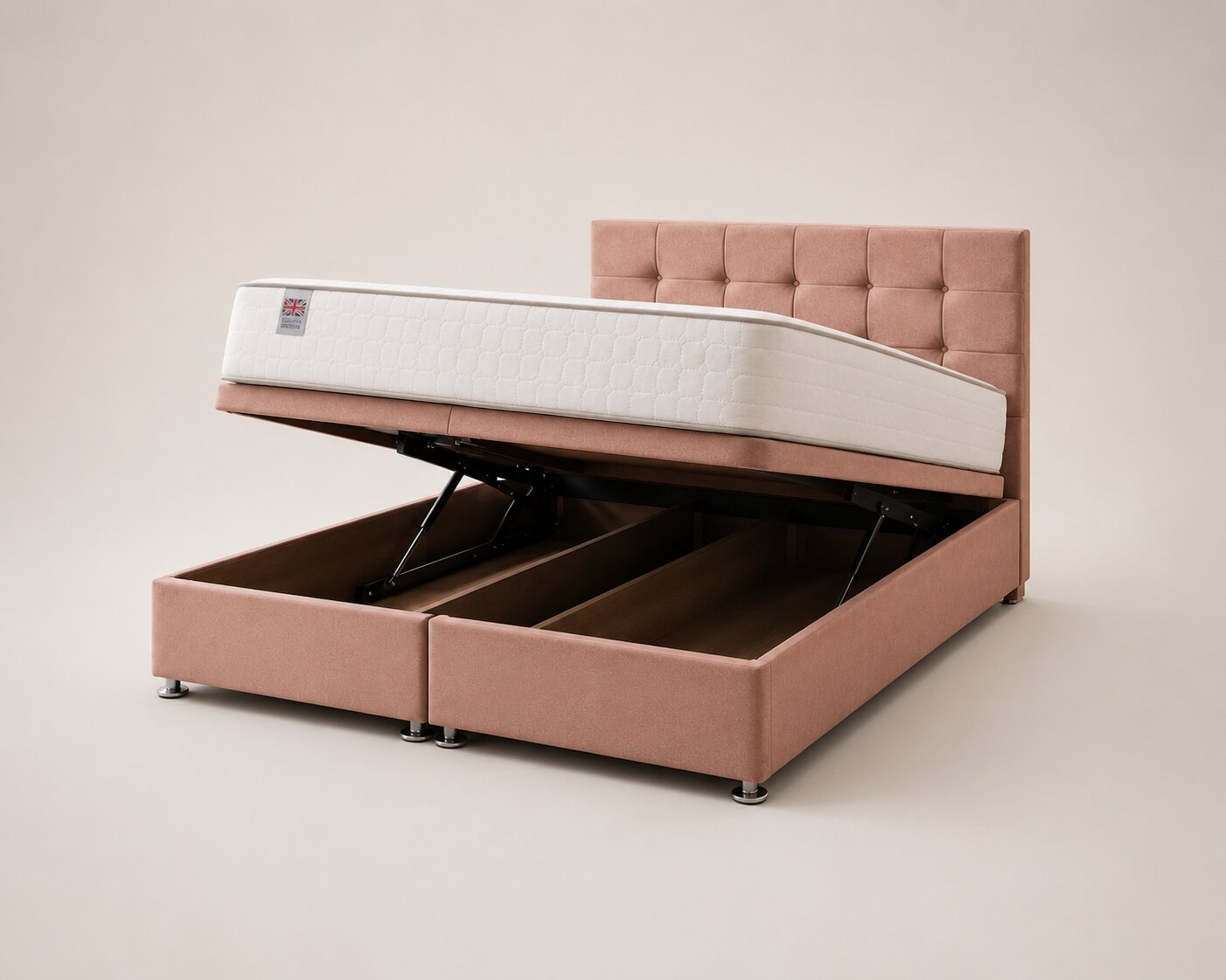 Cubbed Ottoman Storage Bed in Blush with gas-lift storage open