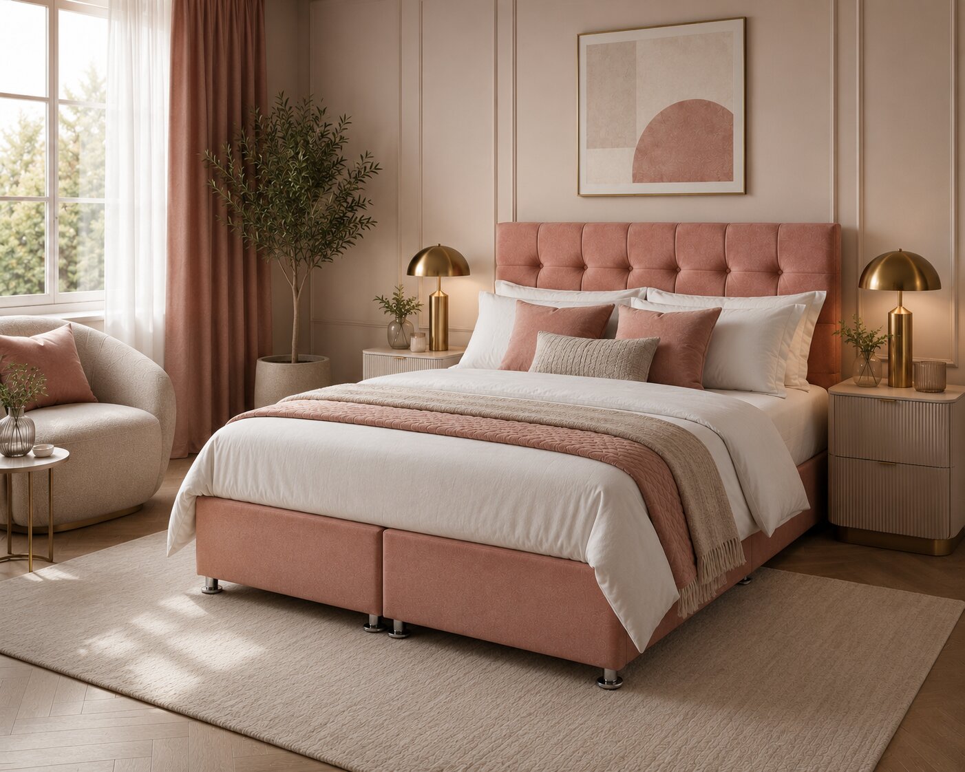 Cubbed Ottoman Storage Bed in Blush styled in a luxury modern UK bedroom