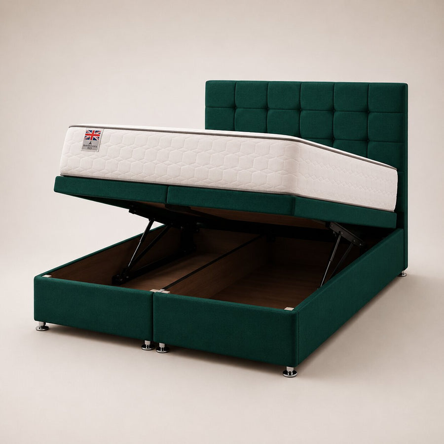 Cubbed Ottoman Storage Bed in Emerald Green with gas-lift storage open
