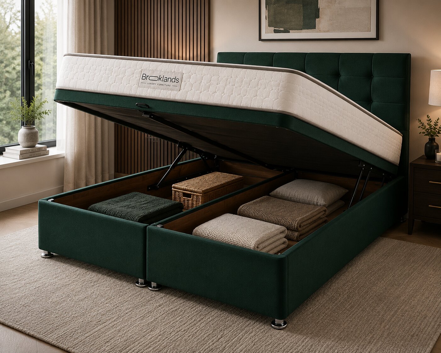 Cubbed Ottoman Storage Bed in Emerald Green with open gas-lift storage and organised bedding