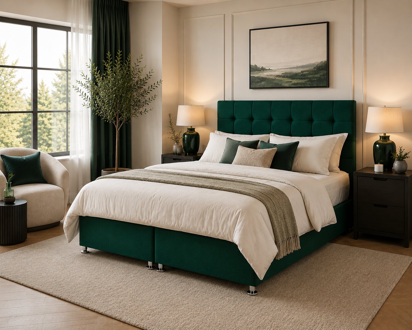 Cubbed Ottoman Storage Bed in Emerald Green styled in a luxury modern UK bedroom