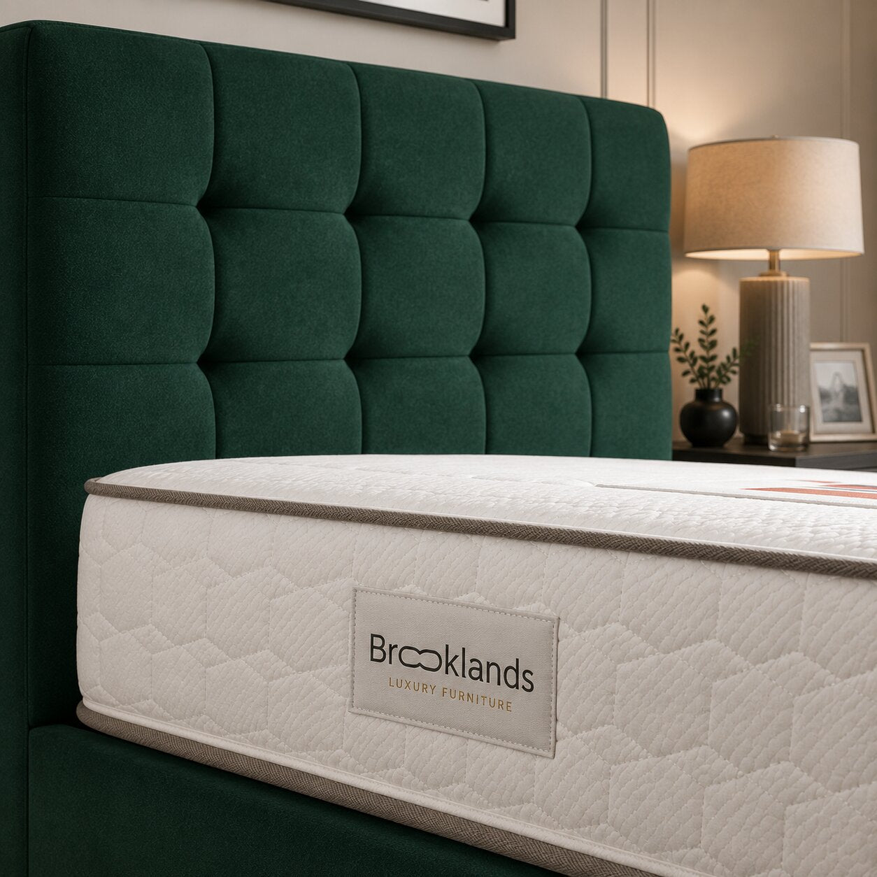 Emerald Green upholstered headboard and Brooklands mattress detail