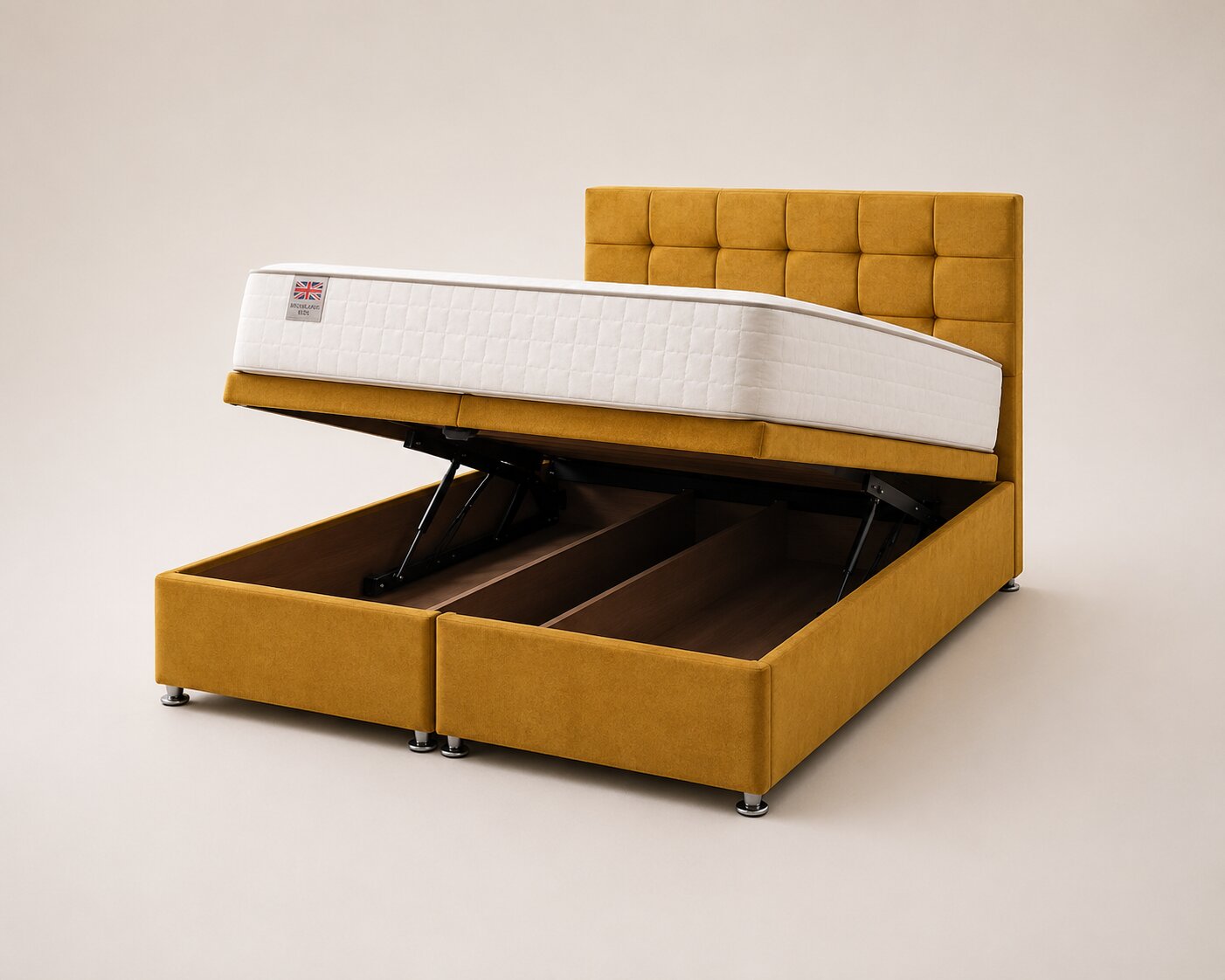 Cubbed Ottoman Storage Bed in Mustard with gas-lift storage open
