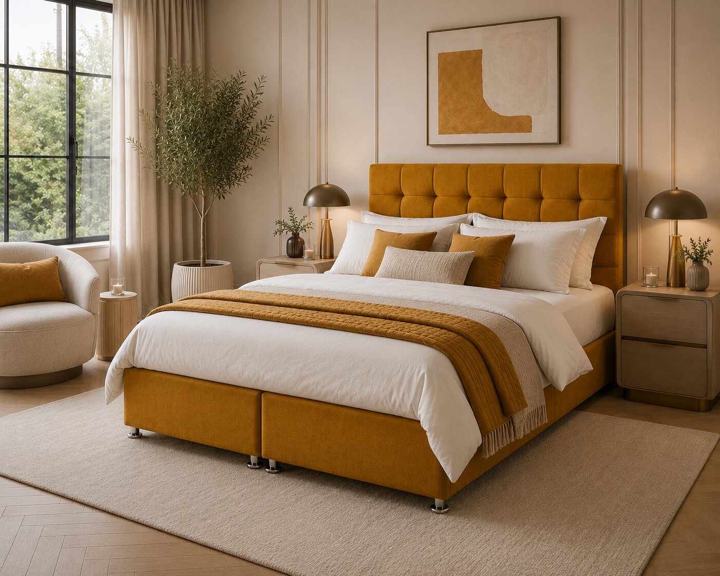 A modern bedroom featuring a mustard yellow tufted bed frame with white bedding and a matching yellow throw blanket, styled in a warm, contemporary room with beige walls, bedside tables, and lamps.