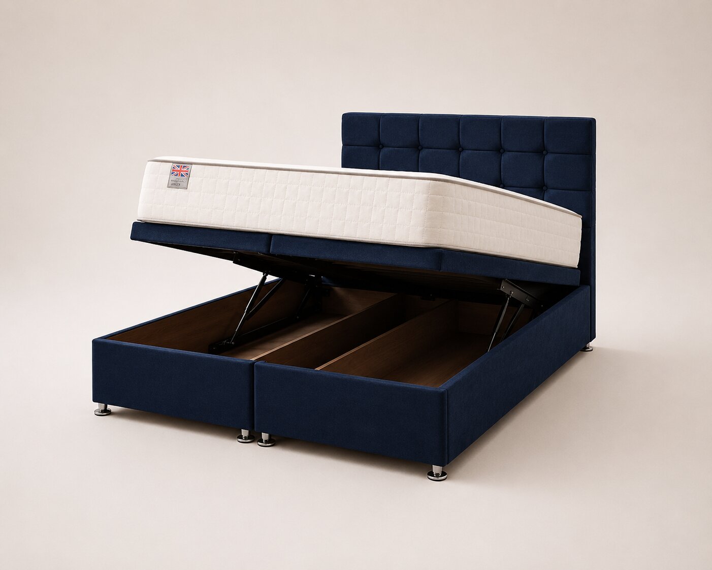 Cubbed Ottoman Storage Bed in Navy Blue with gas-lift storage open