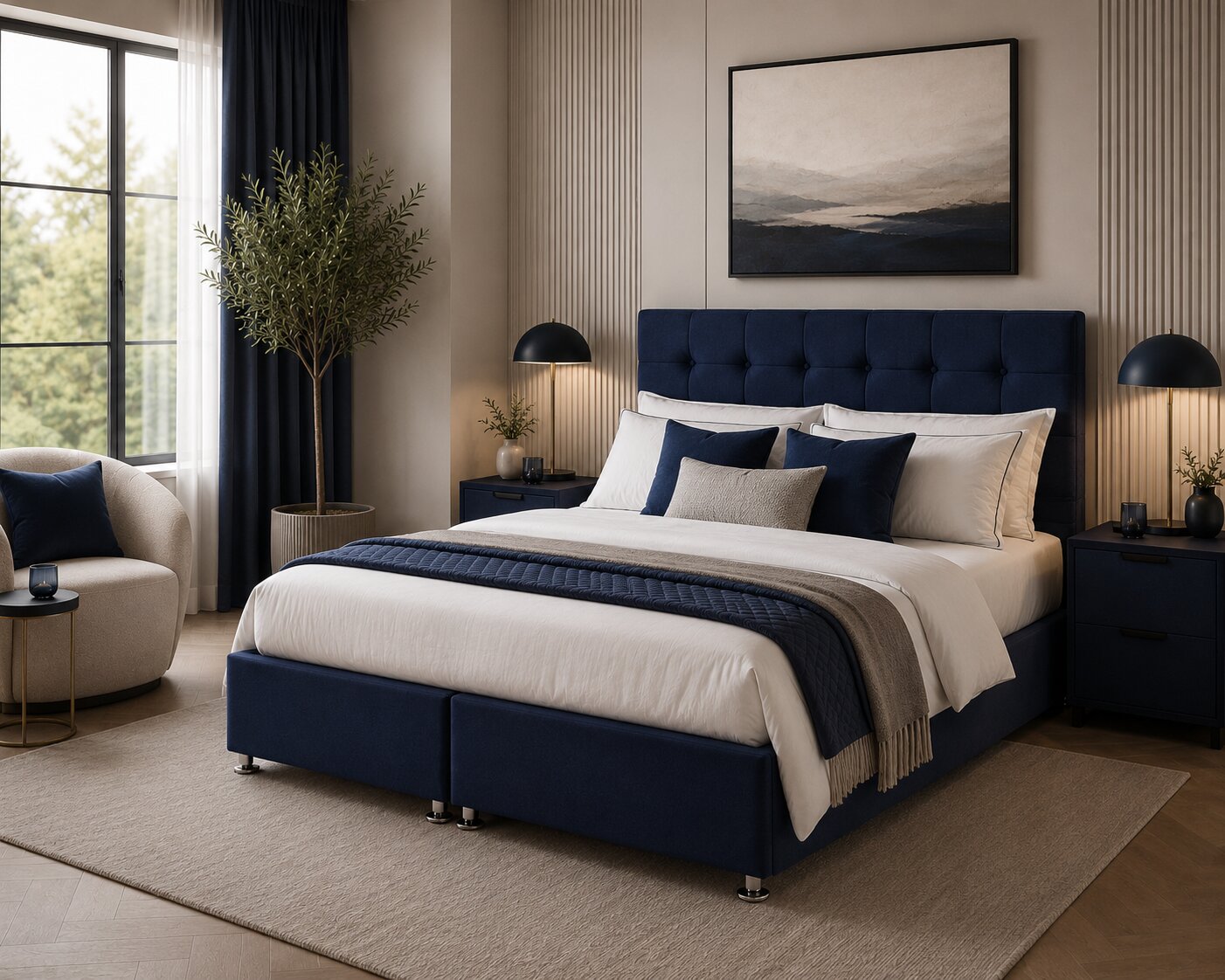 Cubbed Ottoman Storage Bed in Navy Blue styled in a luxury modern UK bedroom
