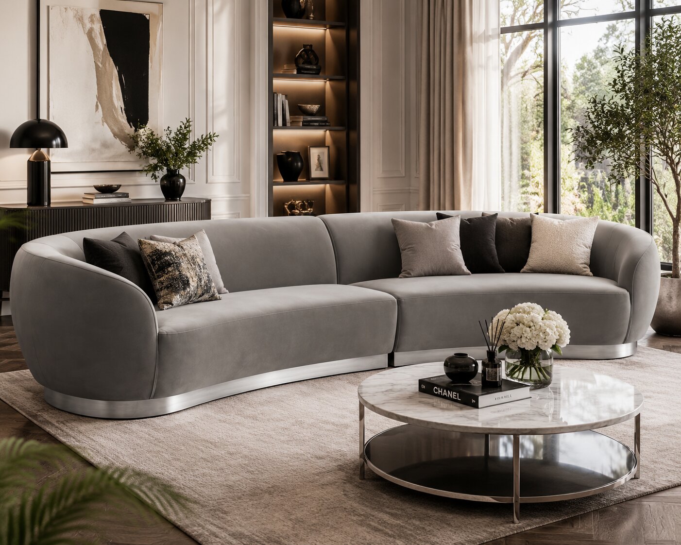 A curved modern gray sofa with a silver metal base in a luxurious, high-end living room setting. The sofa is styled with several throw pillows, including a patterned one, and is positioned on a textured beige rug next to a round marble-top coffee table.