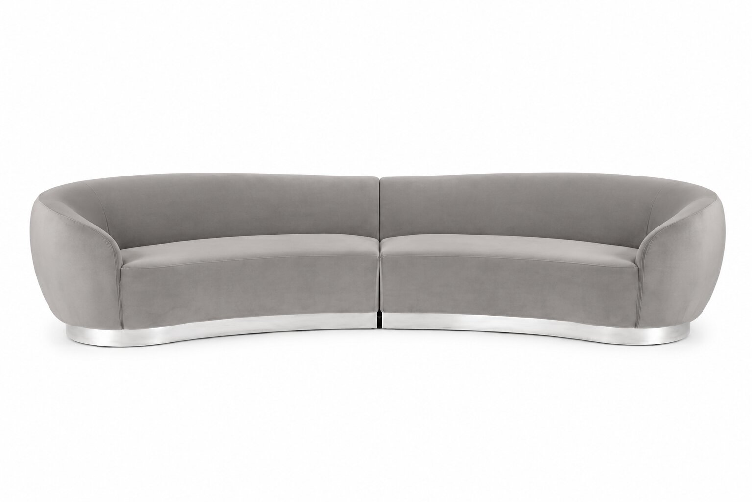 A modern curved two-seater sofa upholstered in light gray fabric with a polished silver metallic base, shown against a plain white background.