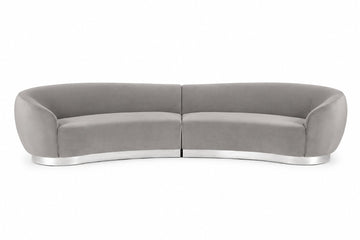 A modern curved two-seater sofa upholstered in light gray fabric with a polished silver metallic base, shown against a plain white background.