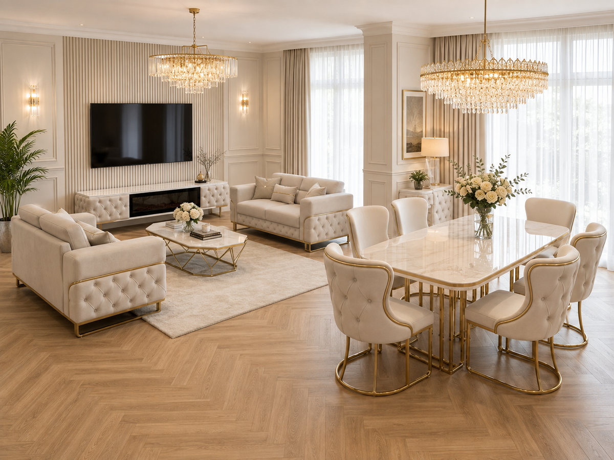 Espina Luxury Living & Dining Set – 3+2 Sofa, Table & 6 Chairs