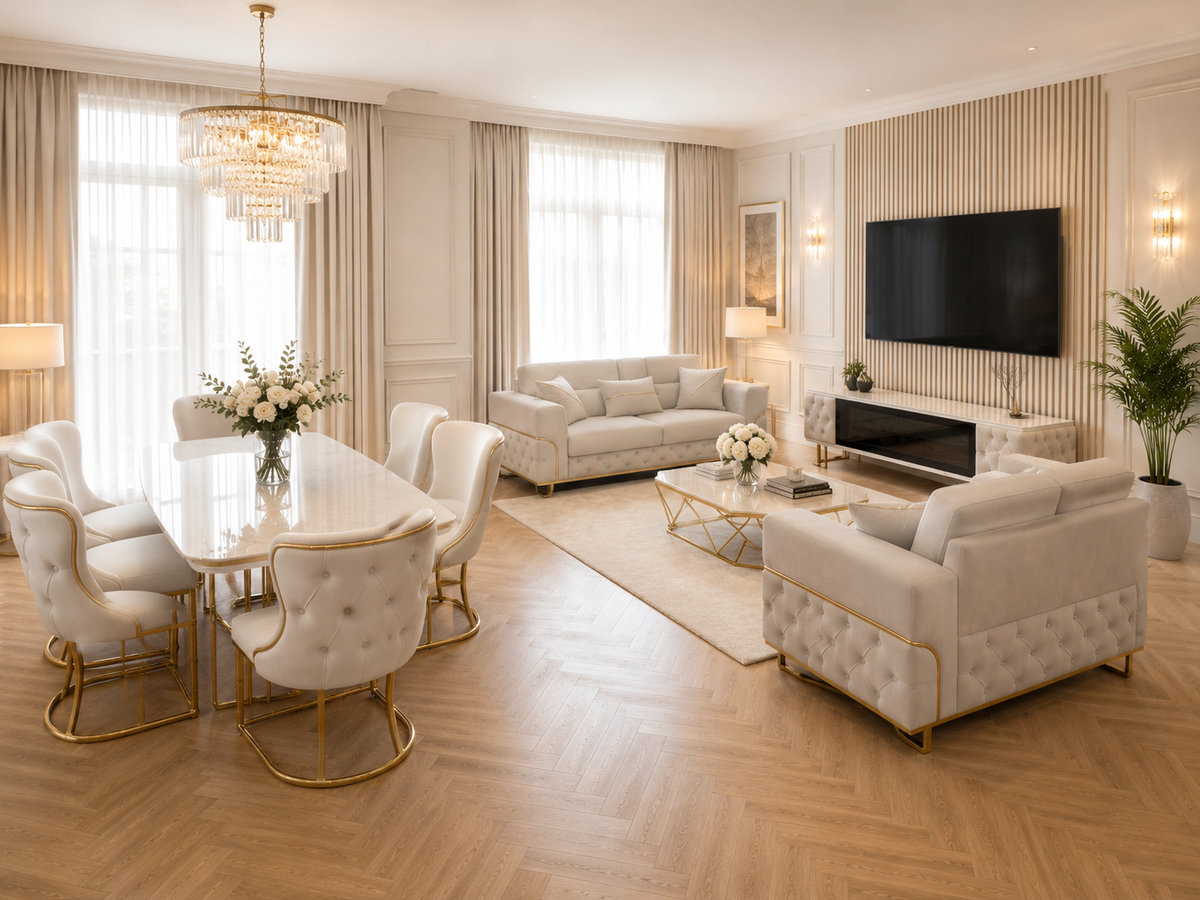 Espina Luxury Living & Dining Set – 3+2 Sofa, Table & 6 Chairs