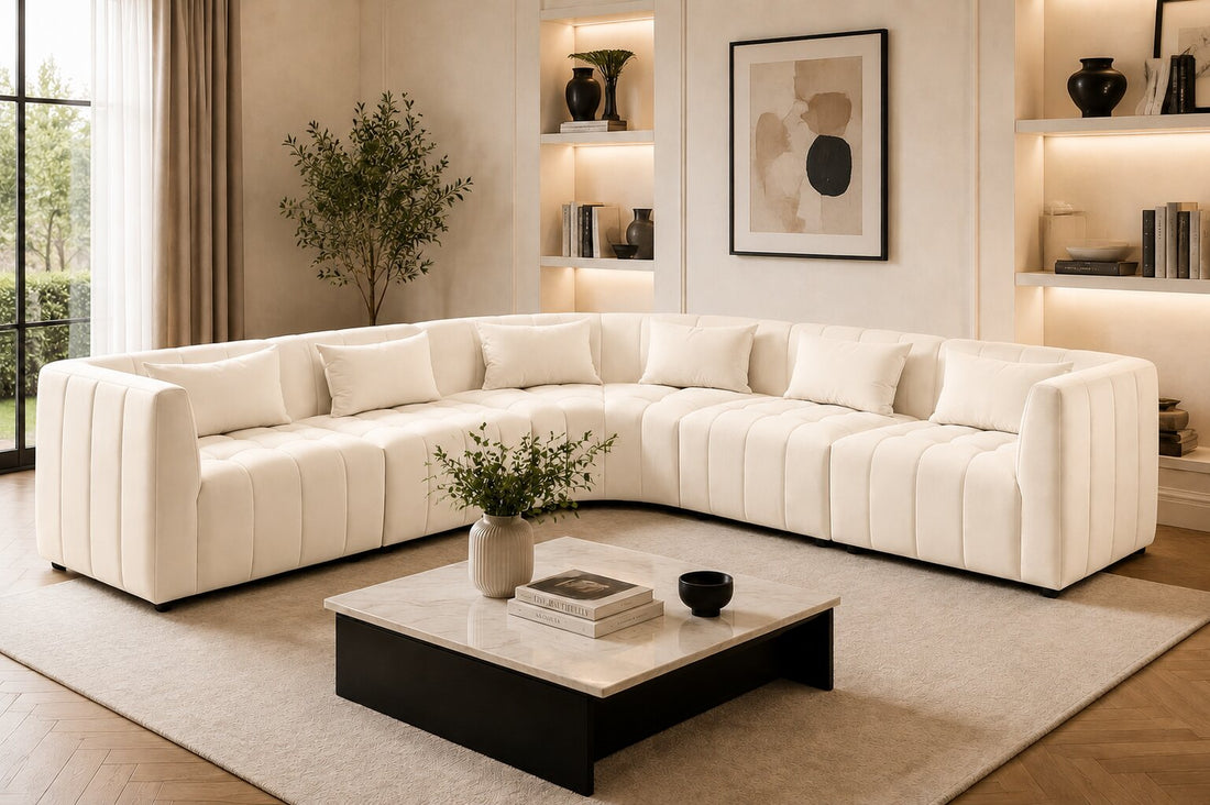 A curved modular sectional sofa upholstered in cream-colored fabric with vertical channel tufting and matching throw pillows, shown on a plain white background.