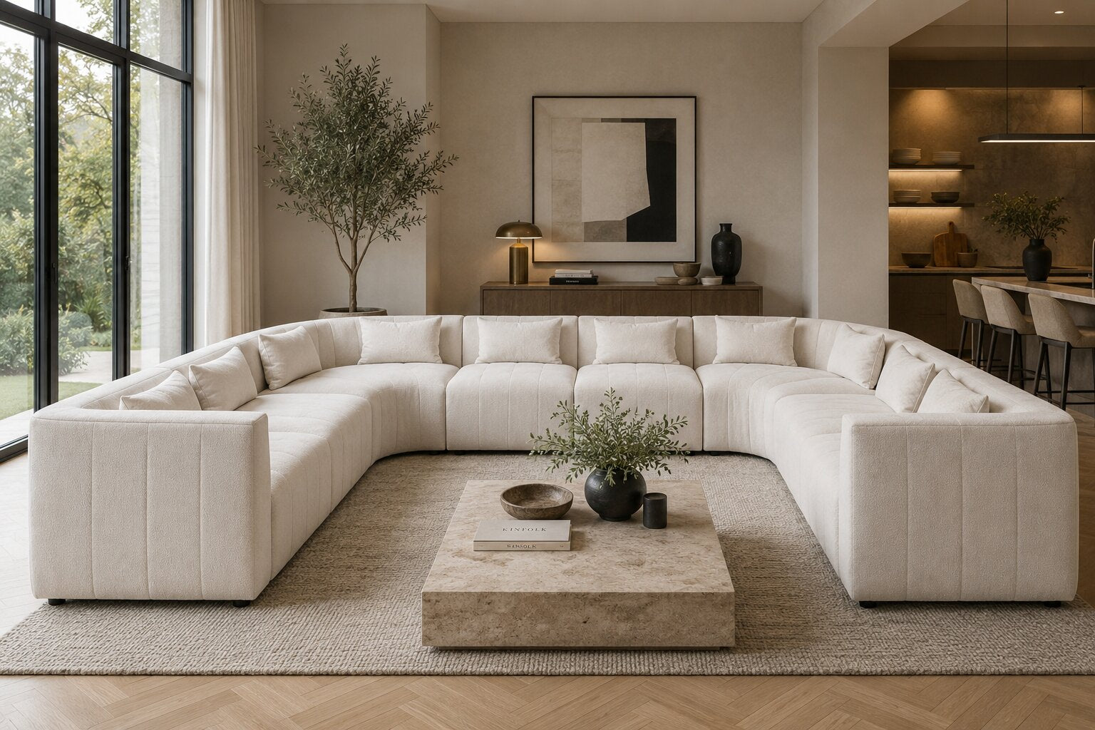 A large U-shaped sectional sofa in off-white upholstery, arranged in a modern living room with a stone coffee table, textured rug, large windows, and wall art.