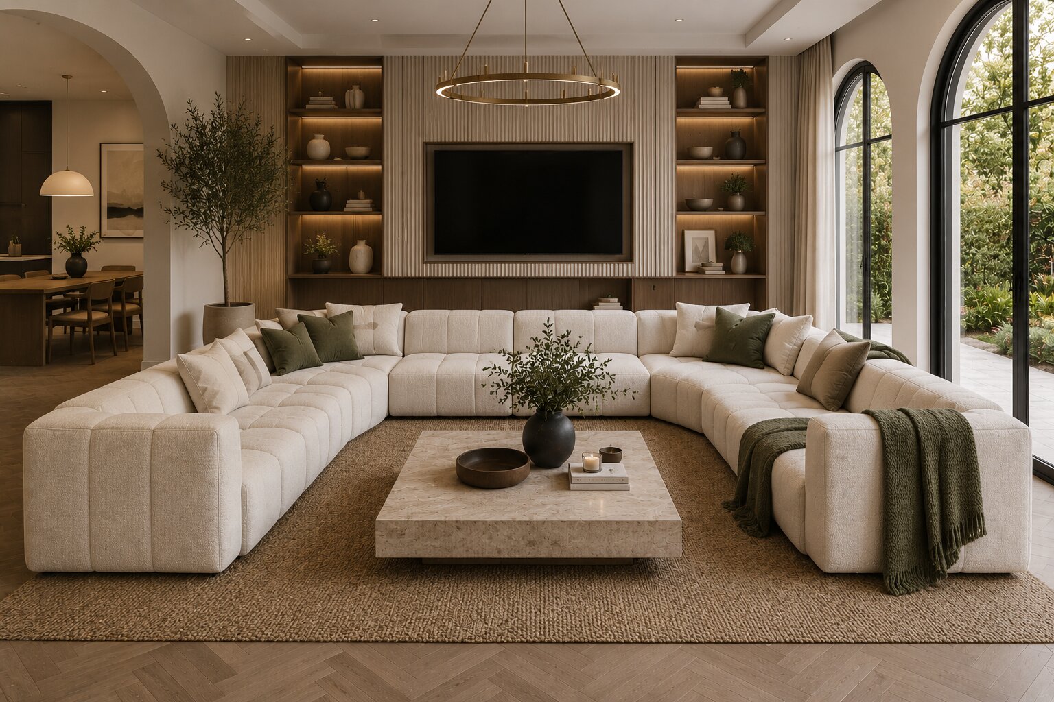 A large U-shaped sectional sofa in cream bouclé fabric with green and beige accent pillows, arranged in a modern living room with a marble coffee table, woven rug, built-in shelving, and tall arched windows.