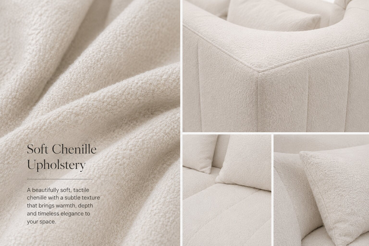 A collage showing a soft cream-colored chenille upholstery fabric close-up, with text reading 'Soft Chenille Upholstery' and inset views of a sofa corner and pillows in the same material.