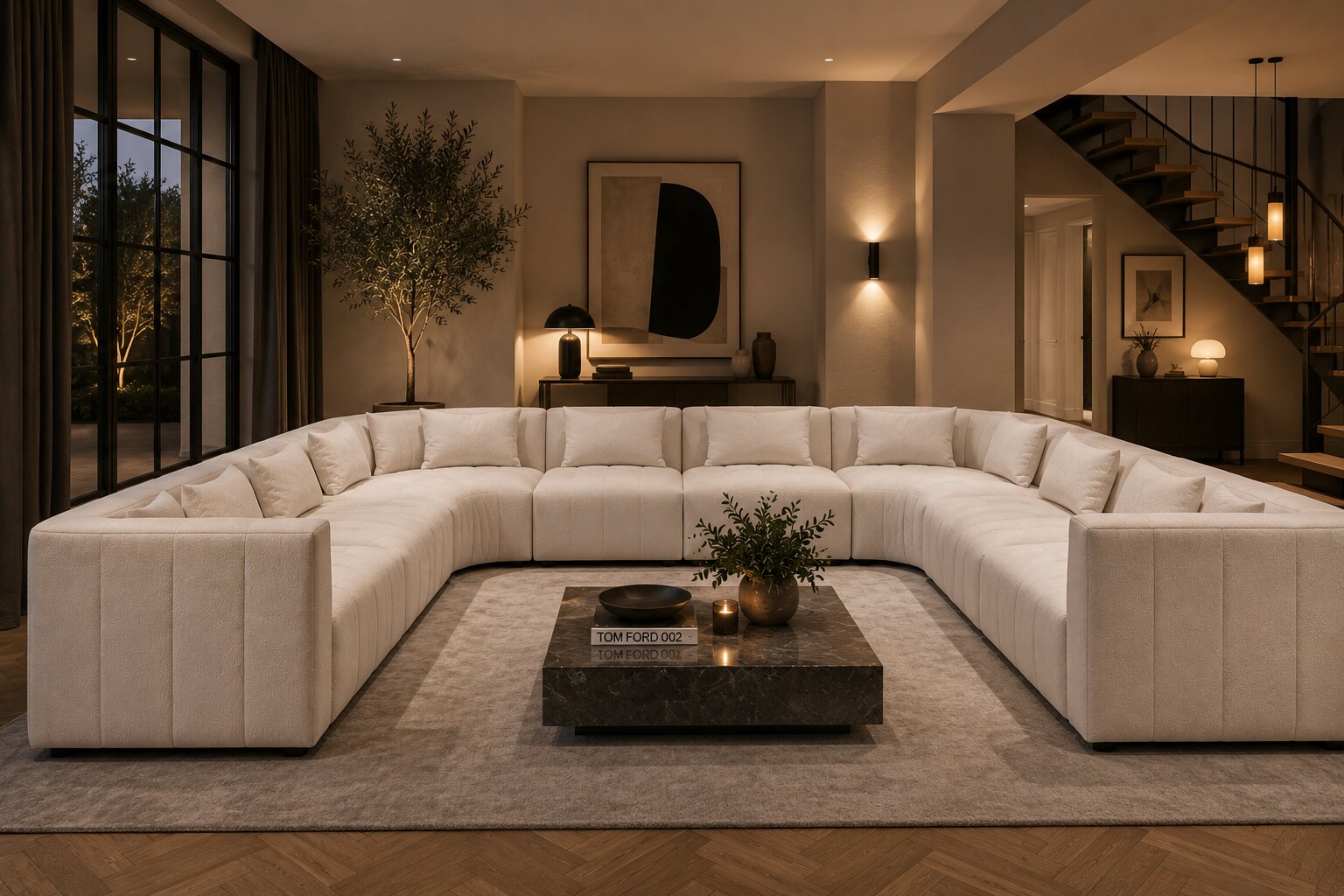 A large U-shaped sectional sofa in off-white upholstery, arranged in a modern living room with a dark wood coffee table, textured rug, staircase, and warm ambient lighting.