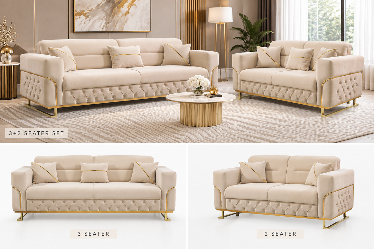 Parma Cream & Gold Sofa Set – 3+2, 3 & 2 Seater