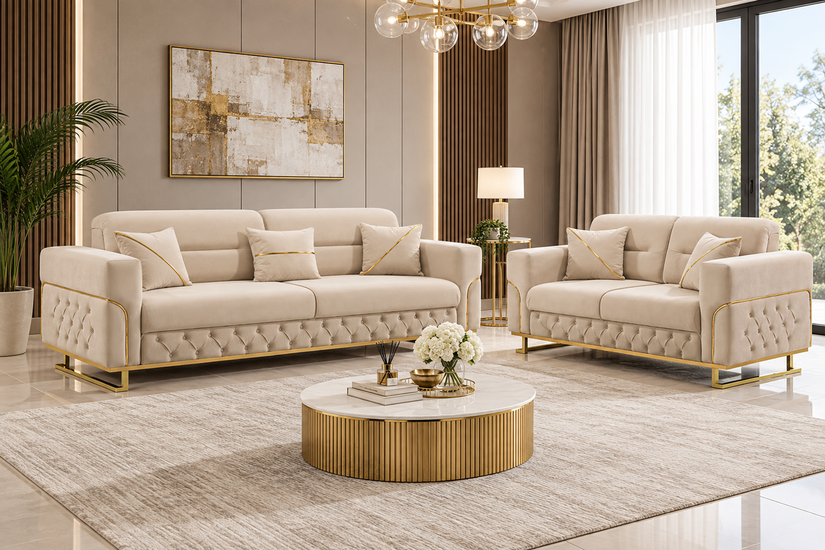 Parma Cream & Gold Sofa Set – 3+2, 3 & 2 Seater
