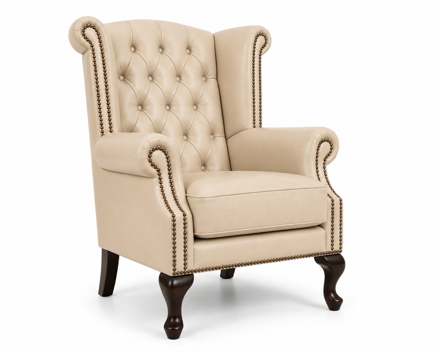 A classic wingback armchair upholstered in beige tufted fabric with dark brown wooden legs and brass nailhead trim, shown on a white background.