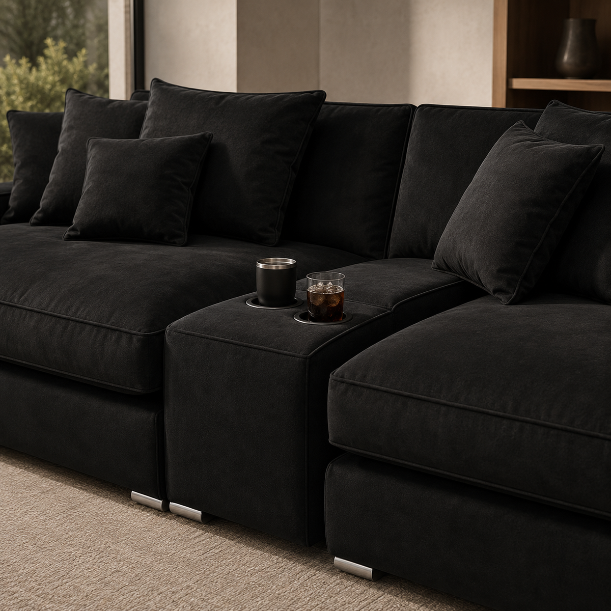 Spacious Cinema Sofa with Deep Cushions & Cup Holders