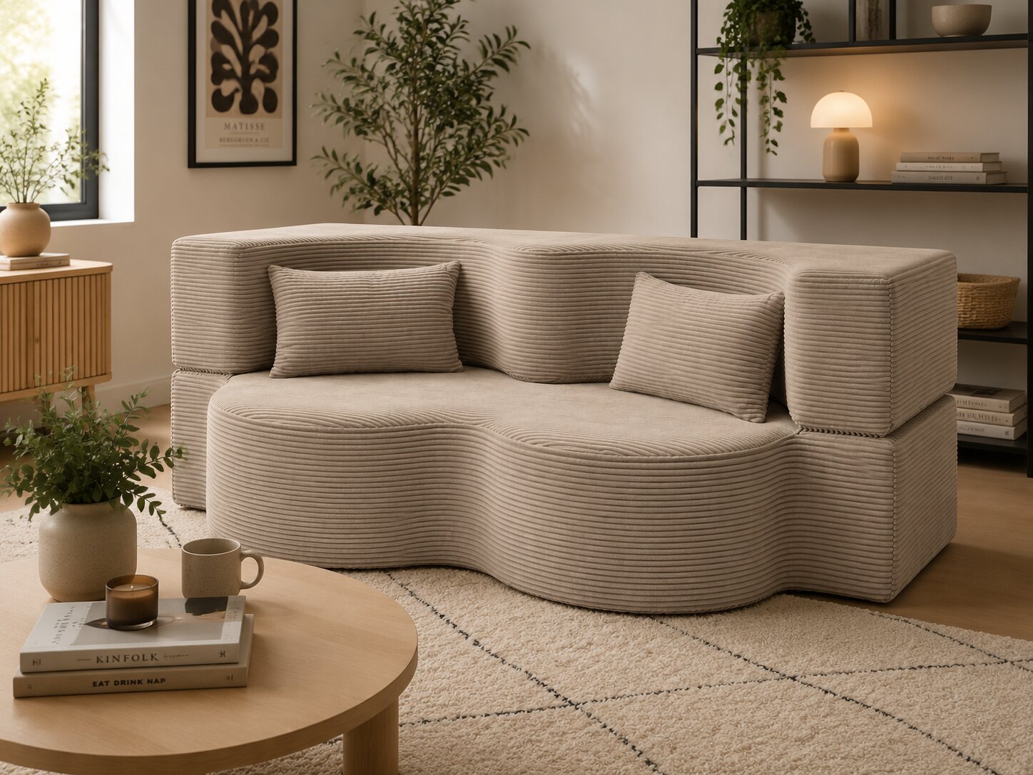 A modern wavy upholstered sofa in a warm beige ribbed fabric, styled in a cozy living room with matching pillows, a round wooden coffee table, and a patterned rug.